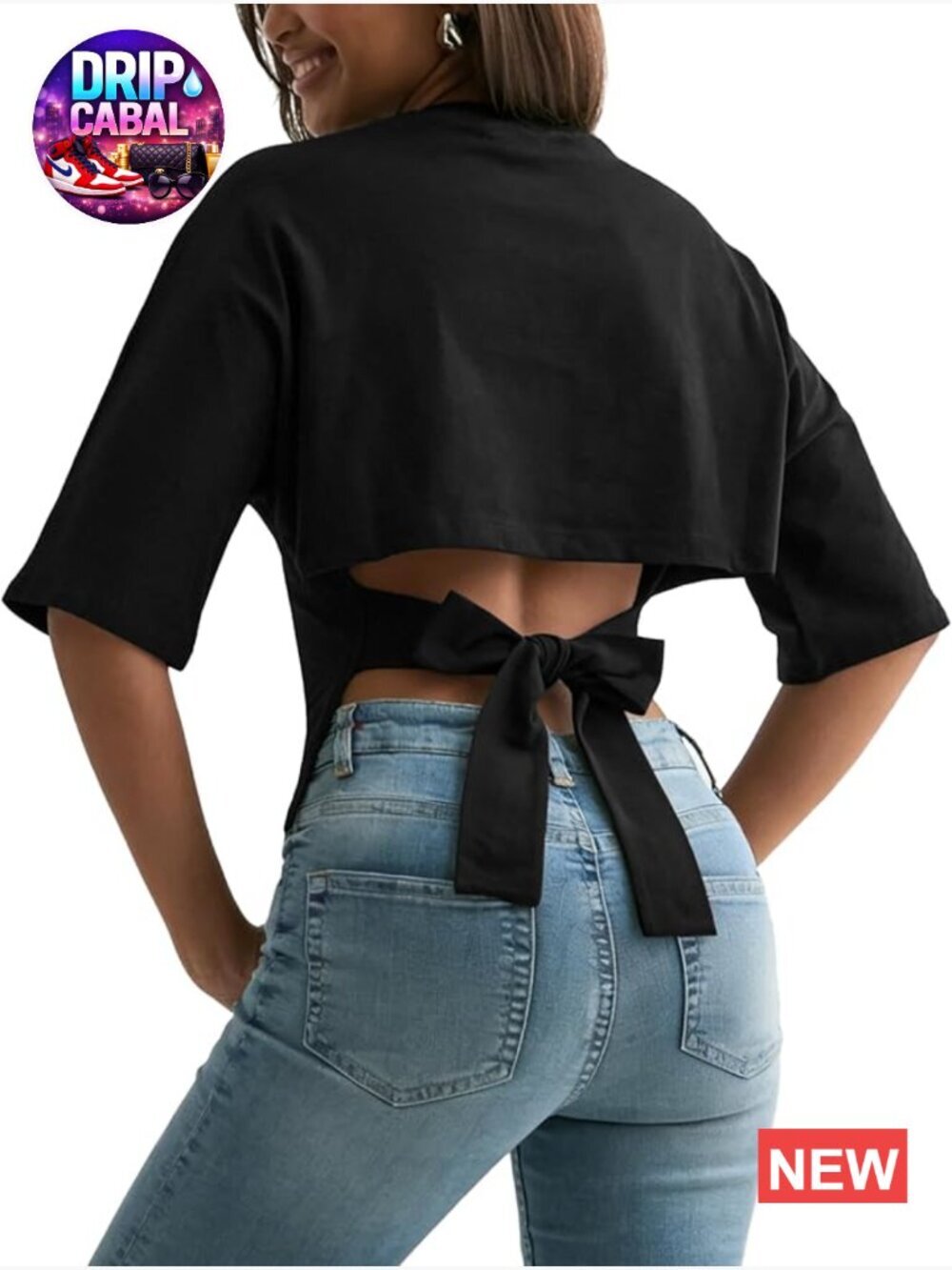 Y2K Open Back Crop Top Half Sleeves Crew Neck Tie Back Cotton Blend Tee